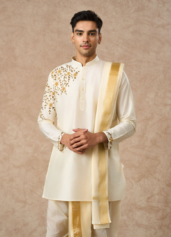 Manyavar Men Cream Silk Veshti Dhoti with Dupatta