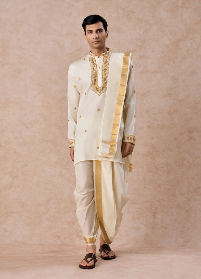Manyavar Men Regal Cream Silk Veshti Dhoti