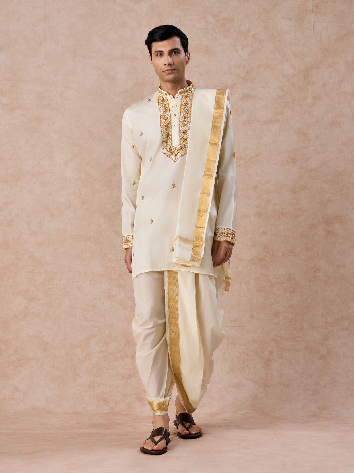 Manyavar Men Regal Cream Silk Veshti Dhoti
