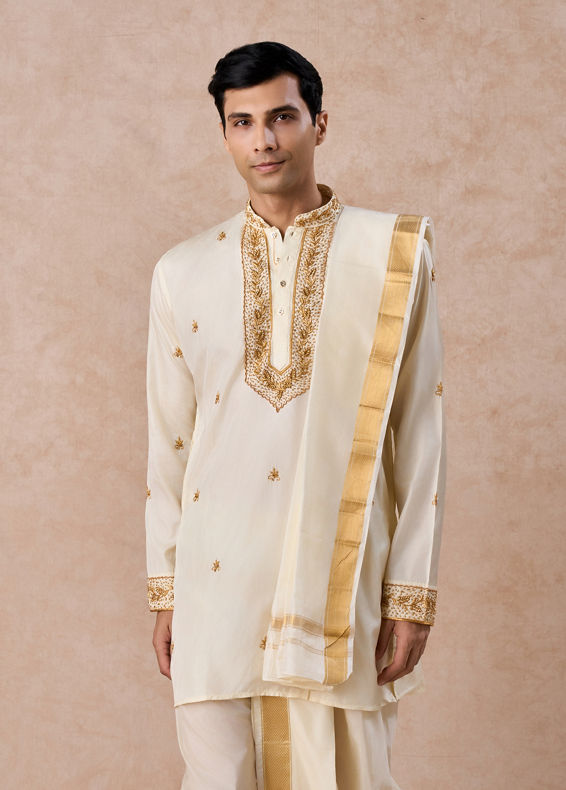 Manyavar Men Regal Cream Silk Veshti Dhoti