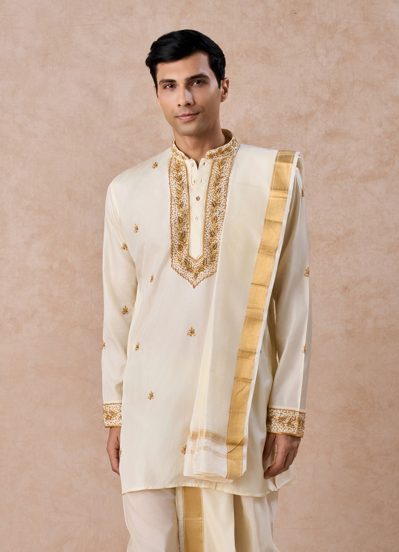 Manyavar Men Regal Cream Silk Veshti Dhoti
