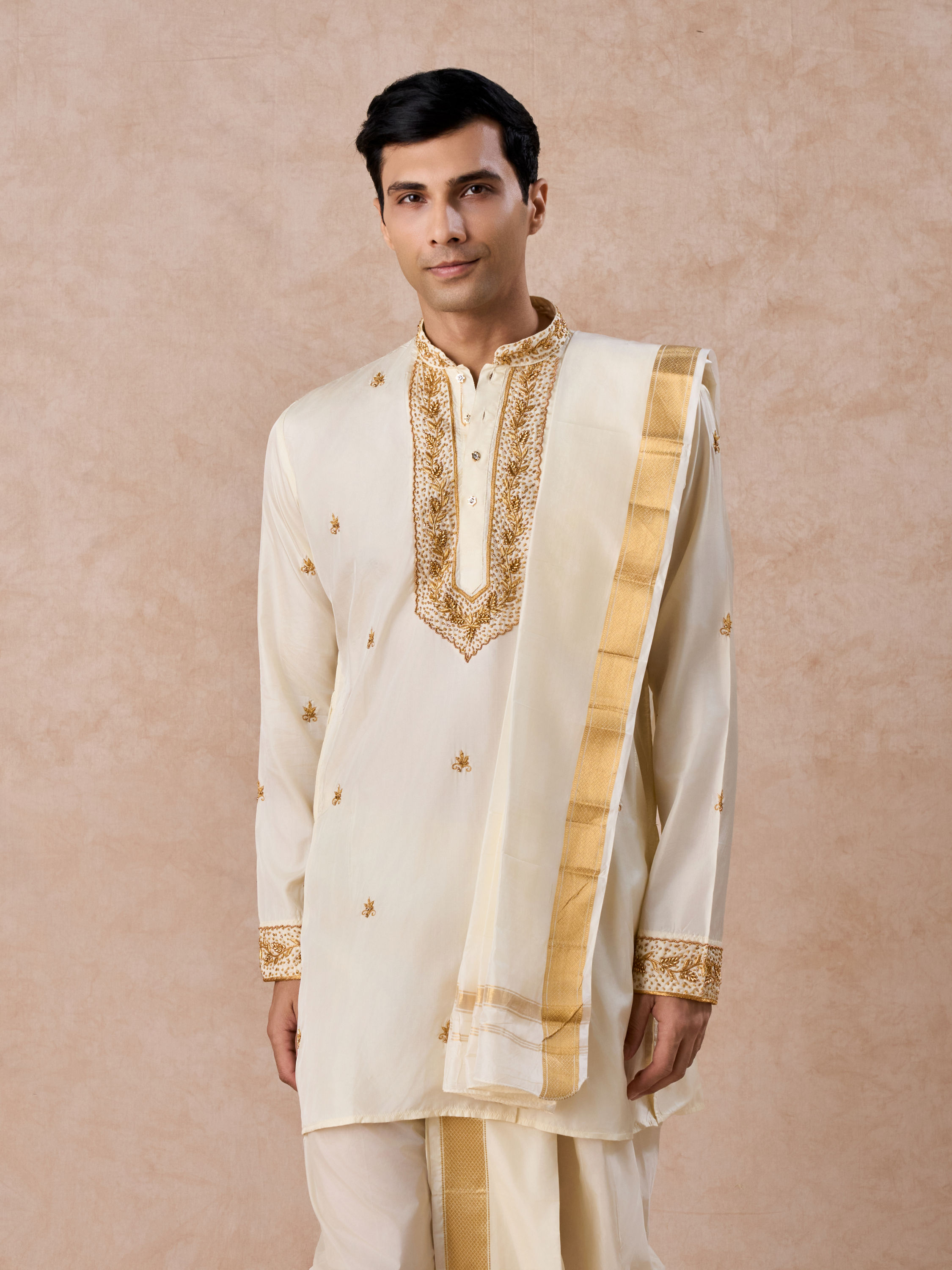 Manyavar Men Regal Cream Silk Veshti Dhoti
