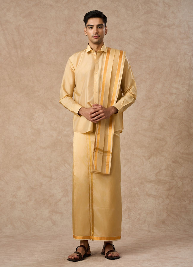 Manyavar Men Fawn Silk Veshti Dhoti with Dupatta for Traditional Events