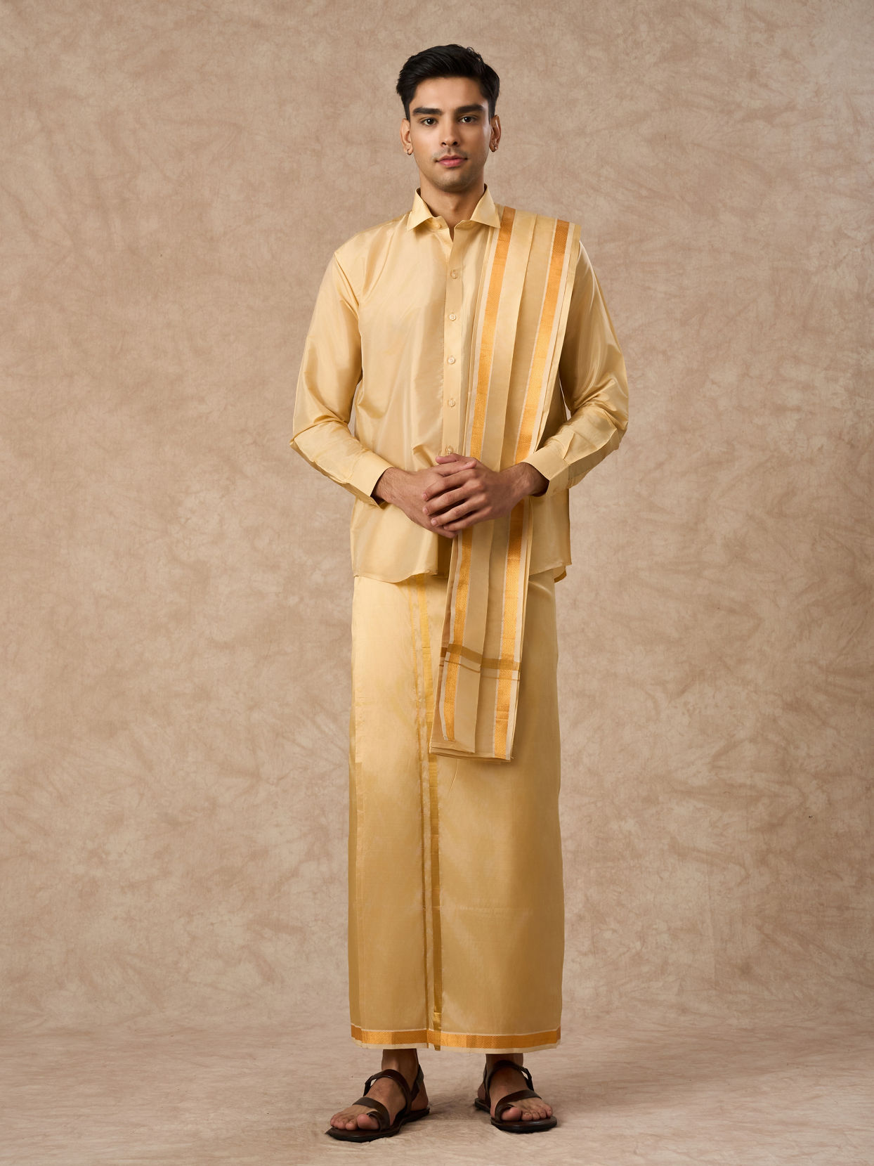 Manyavar Men Fawn Silk Veshti Dhoti with Dupatta for Traditional Events