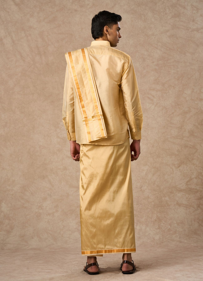Manyavar Men Fawn Silk Veshti Dhoti with Dupatta for Traditional Events