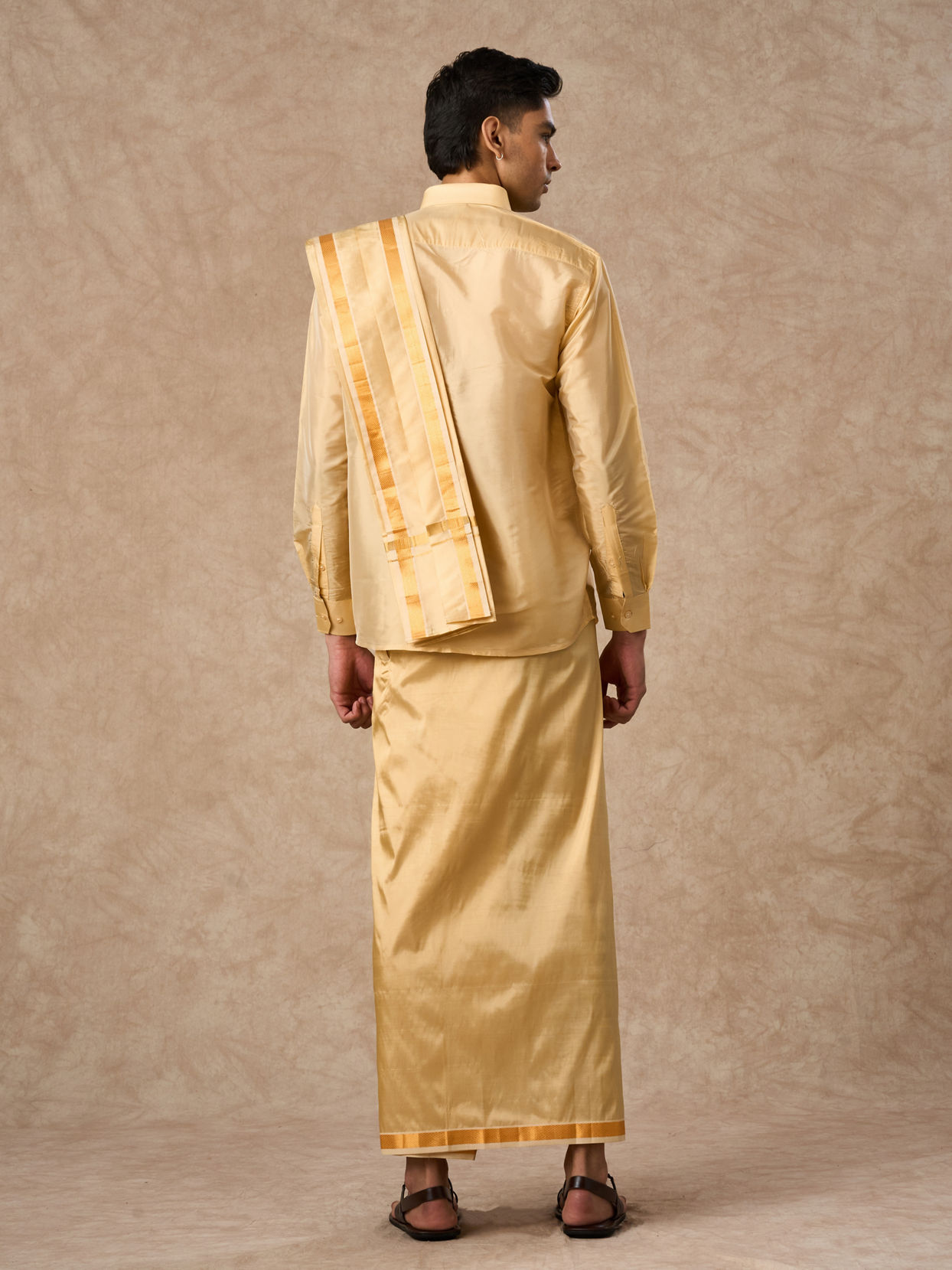 Manyavar Men Fawn Silk Veshti Dhoti with Dupatta for Traditional Events