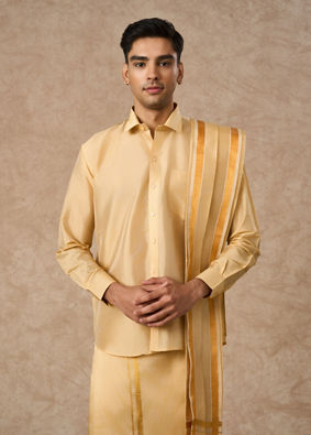 Manyavar Men Fawn Silk Veshti Dhoti with Dupatta for Traditional Events