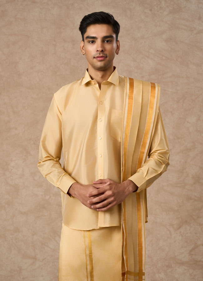 Manyavar Men Fawn Silk Veshti Dhoti with Dupatta for Traditional Events