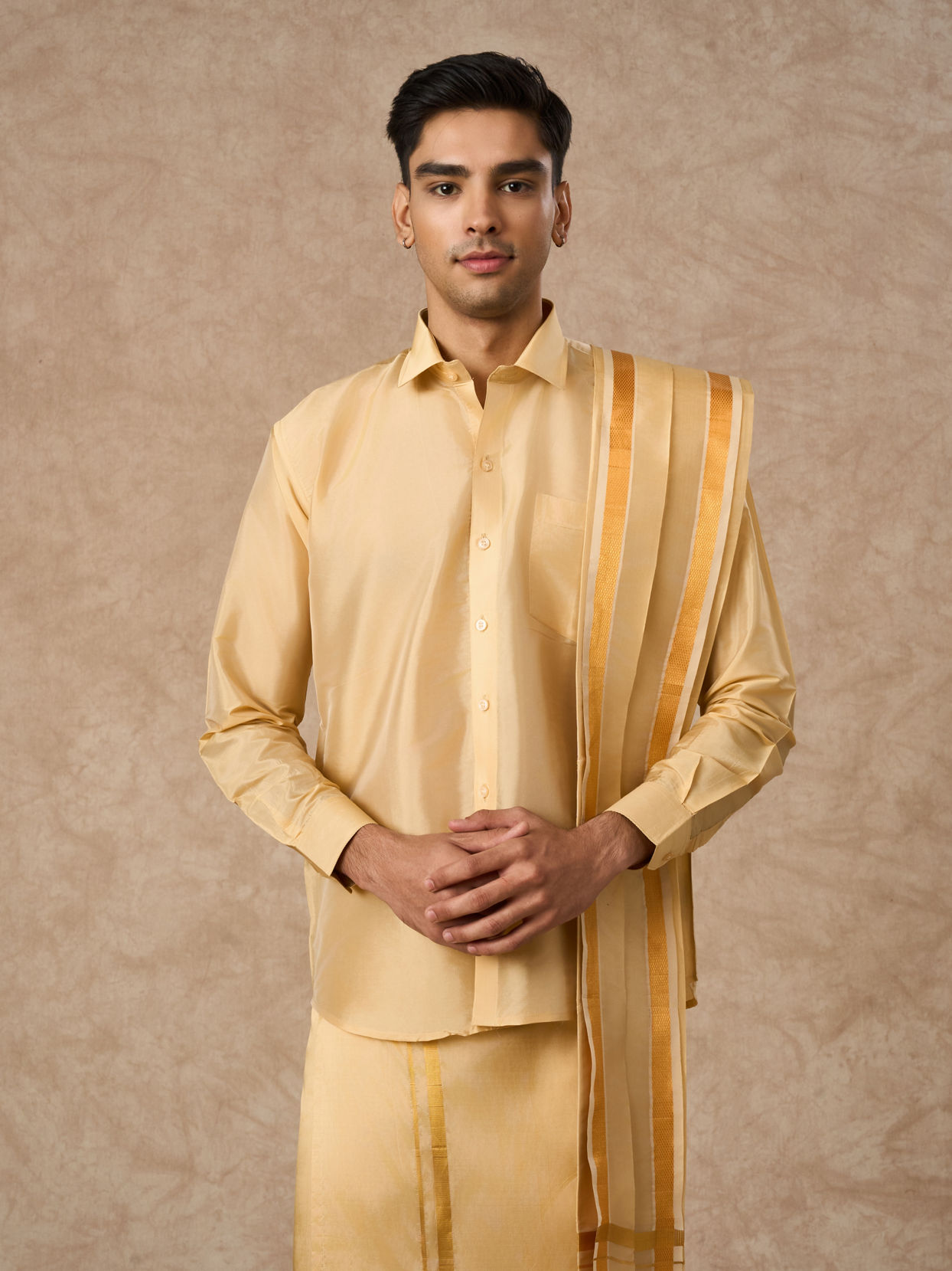 Manyavar Men Fawn Silk Veshti Dhoti with Dupatta for Traditional Events