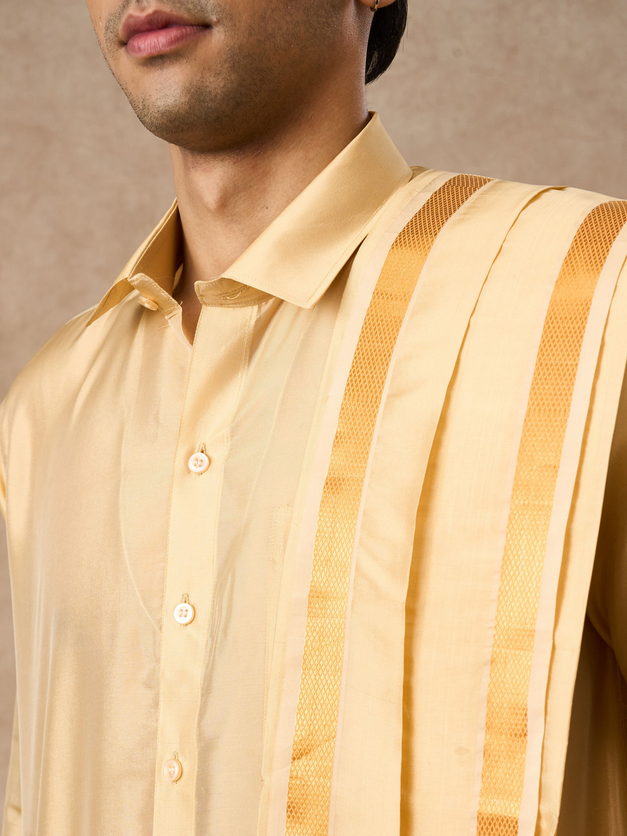 Manyavar Men Fawn Silk Veshti Dhoti with Dupatta for Traditional Events