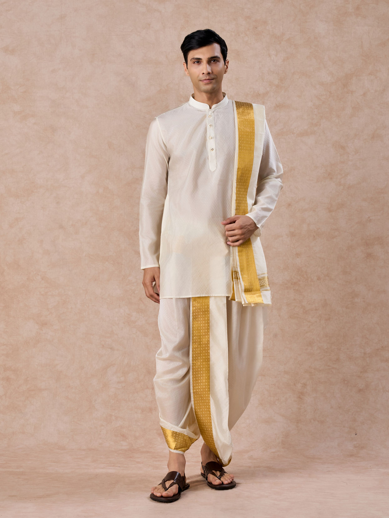 Manyavar Men Cream Kurta Pancha Set