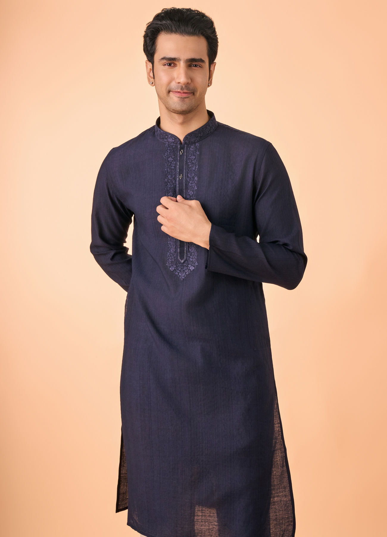 Manyavar Men Exquisite Dark Blue Kurta Churidar