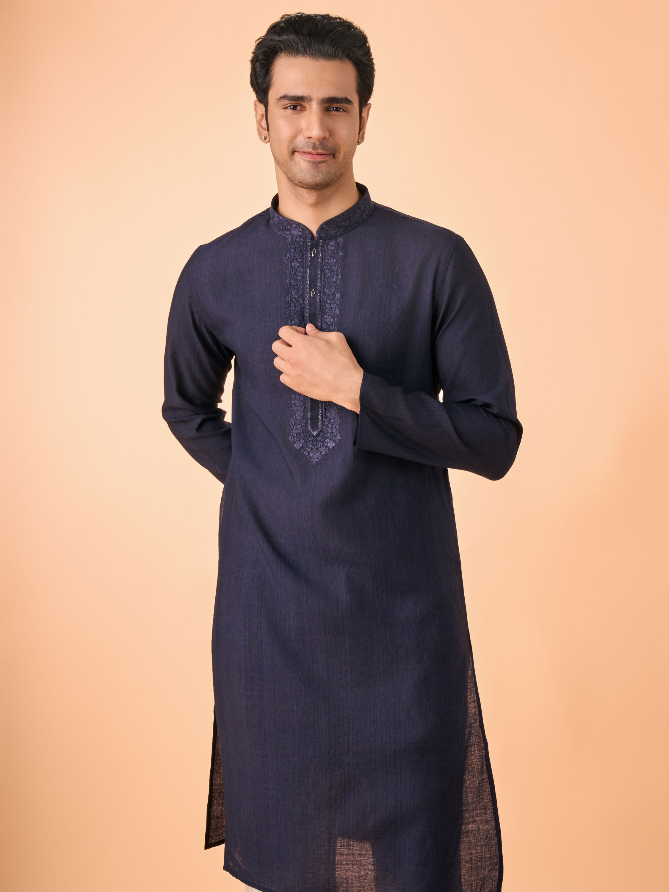 Manyavar Men Exquisite Dark Blue Kurta Churidar