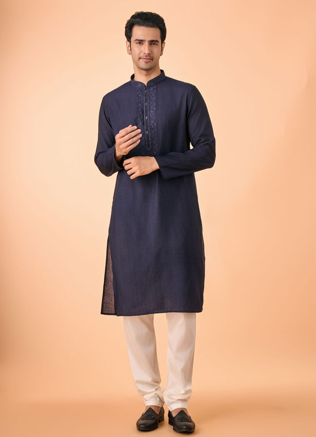 Manyavar Men Exquisite Dark Blue Kurta Churidar