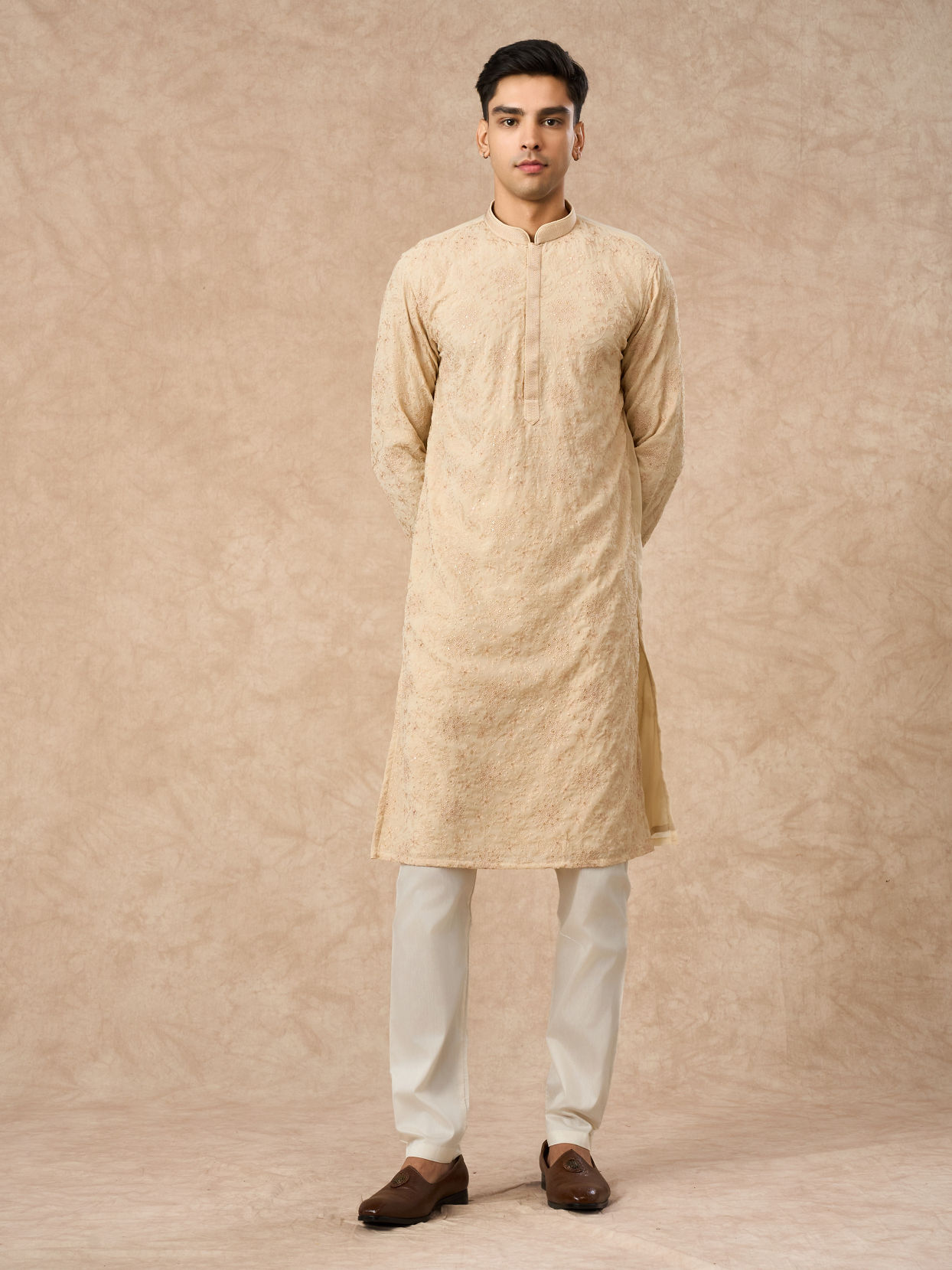 Manyavar Men Beige Georgette Kurta Churidar