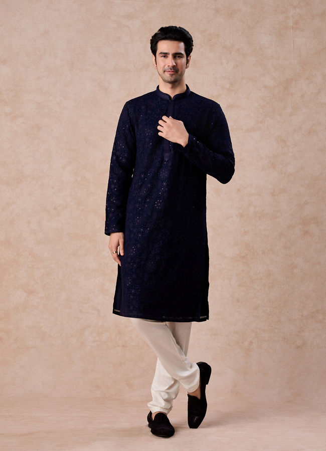 Manyavar Men Dark Blue Georgette Kurta Pajama