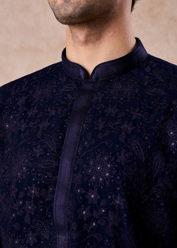Manyavar Men Dark Blue Georgette Kurta Pajama