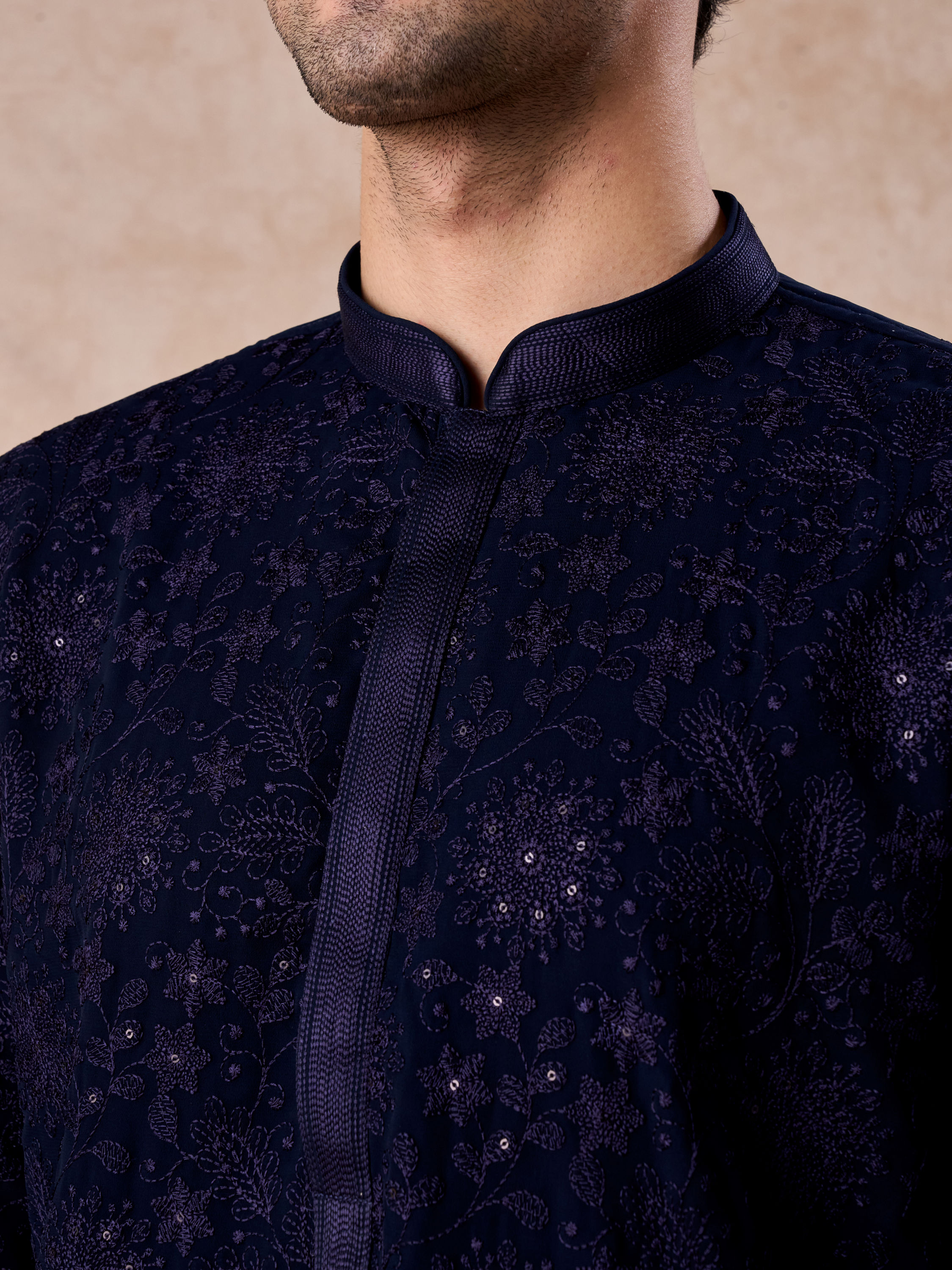 Manyavar Men Dark Blue Georgette Kurta Pajama