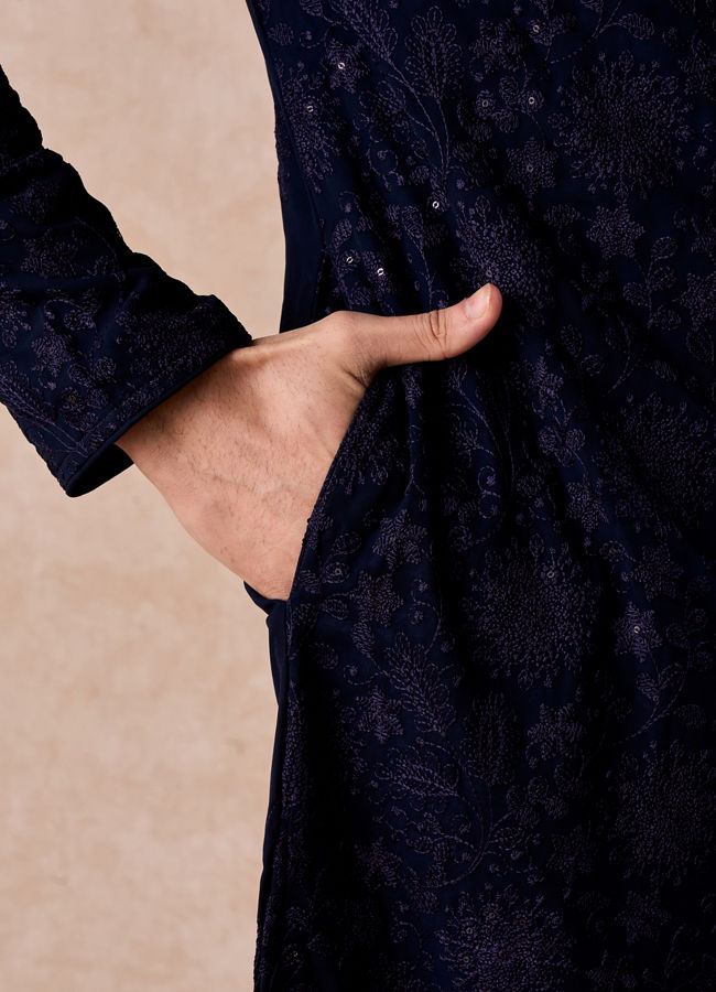 Manyavar Men Dark Blue Georgette Kurta Pajama