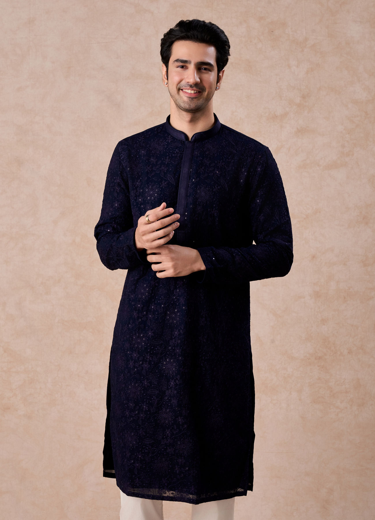 Manyavar Men Dark Blue Georgette Kurta Pajama