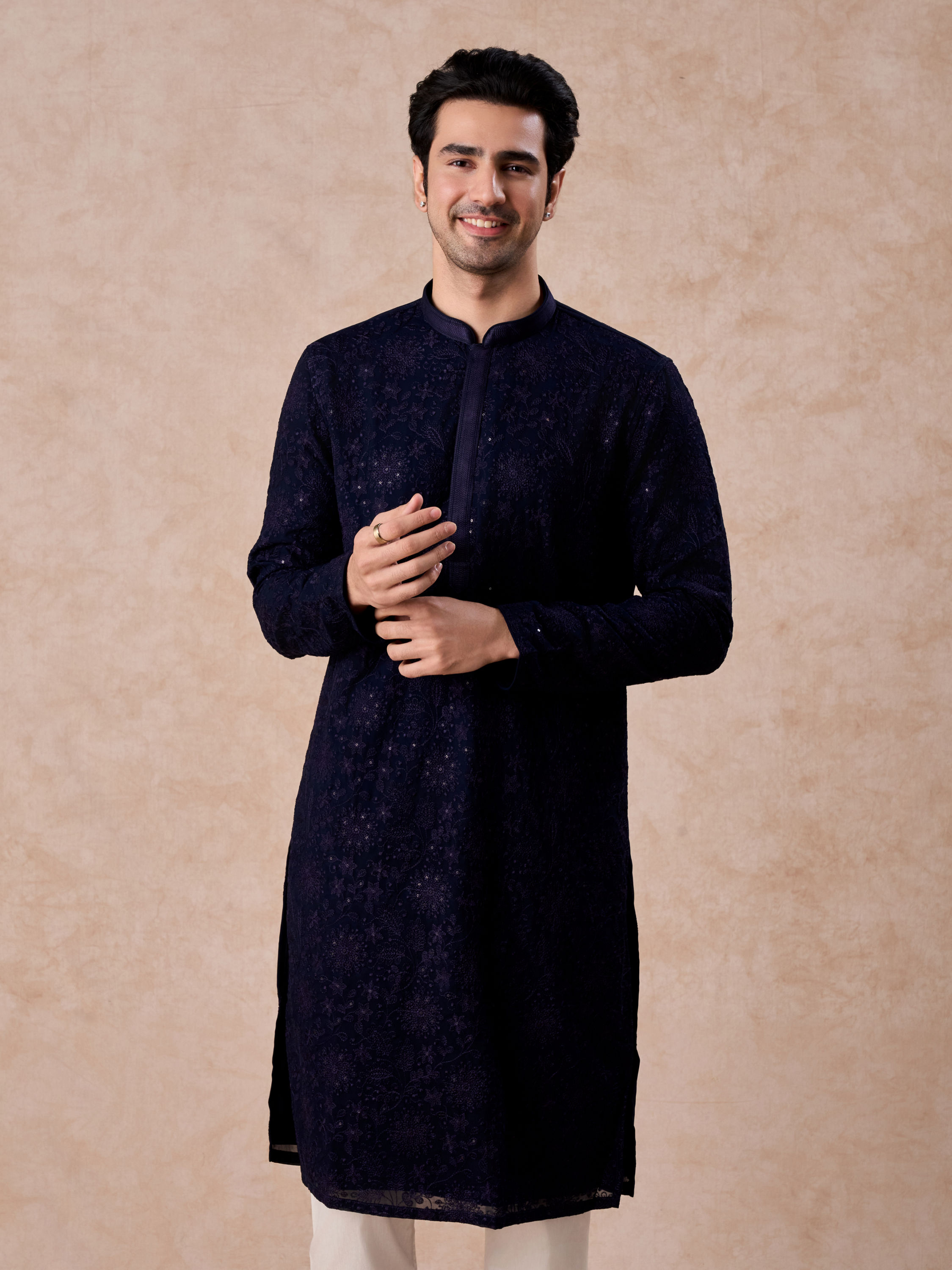 Manyavar Men Dark Blue Georgette Kurta Pajama