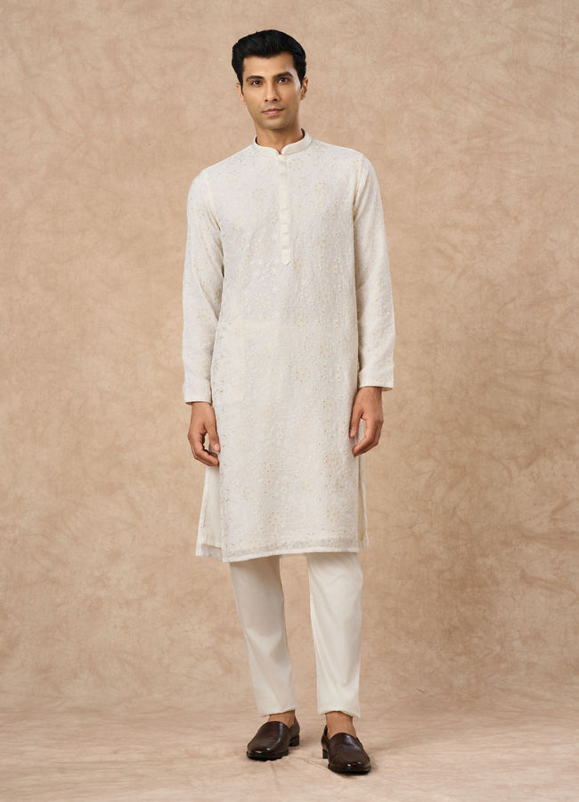 Manyavar Men Cream Georgette Kurta Pajama with Thread Embroidery