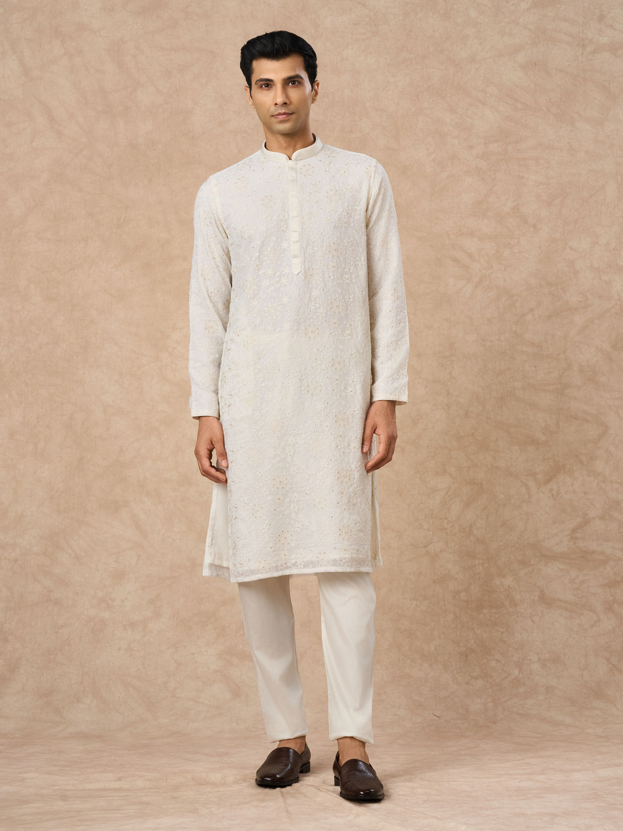 Manyavar Men Cream Georgette Kurta Pajama with Thread Embroidery
