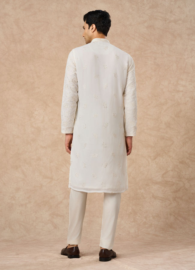 Manyavar Men Cream Georgette Kurta Pajama with Thread Embroidery