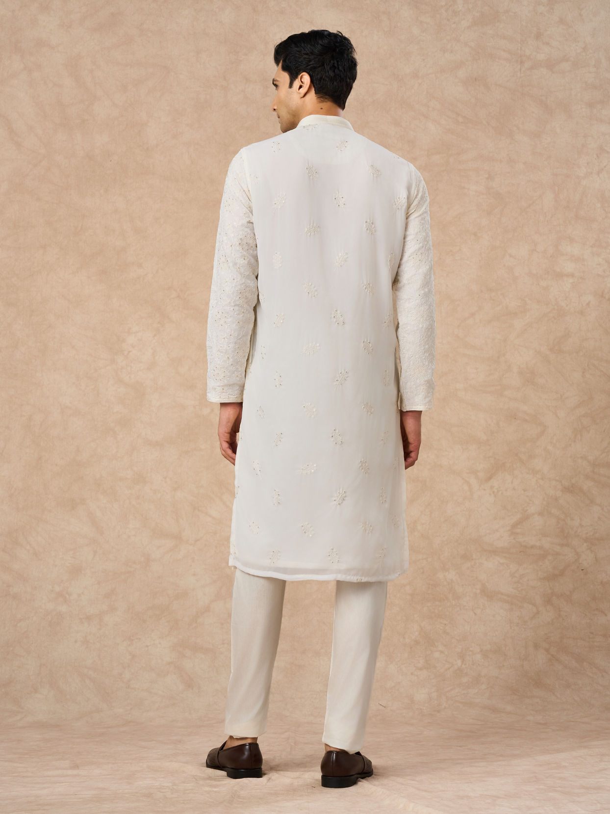 Manyavar Men Cream Georgette Kurta Pajama with Thread Embroidery