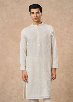 Manyavar Men Cream Georgette Kurta Pajama with Thread Embroidery