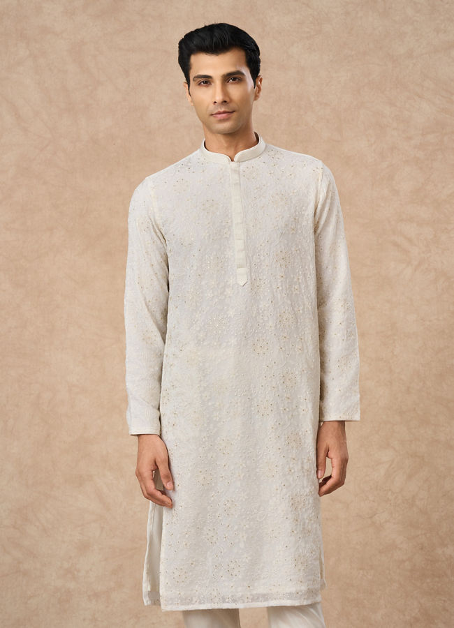 Manyavar Men Cream Georgette Kurta Pajama with Thread Embroidery