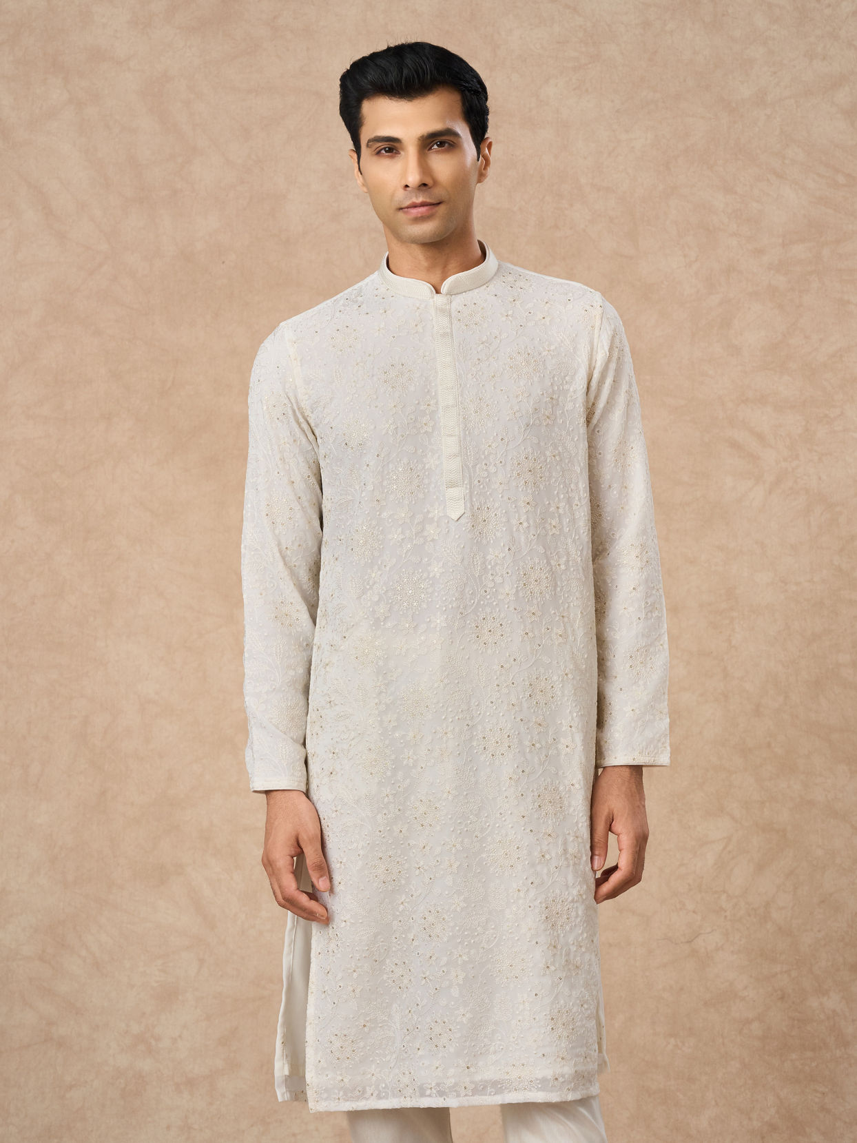 Manyavar Men Cream Georgette Kurta Pajama with Thread Embroidery