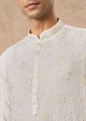 Manyavar Men Cream Georgette Kurta Pajama with Thread Embroidery