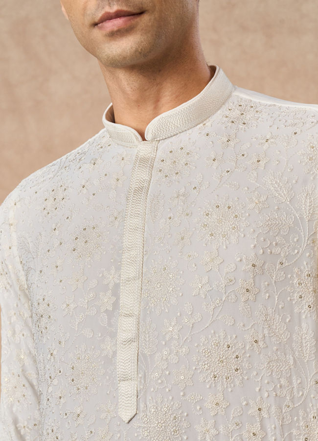 Manyavar Men Cream Georgette Kurta Pajama with Thread Embroidery