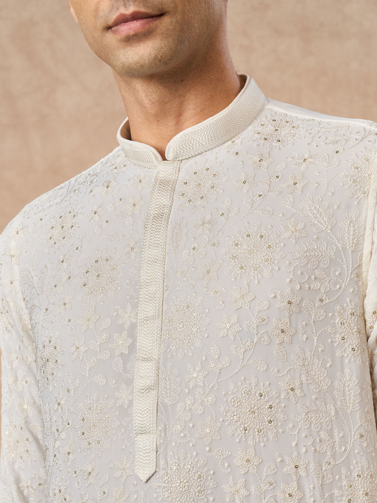 Manyavar Men Cream Georgette Kurta Pajama with Thread Embroidery