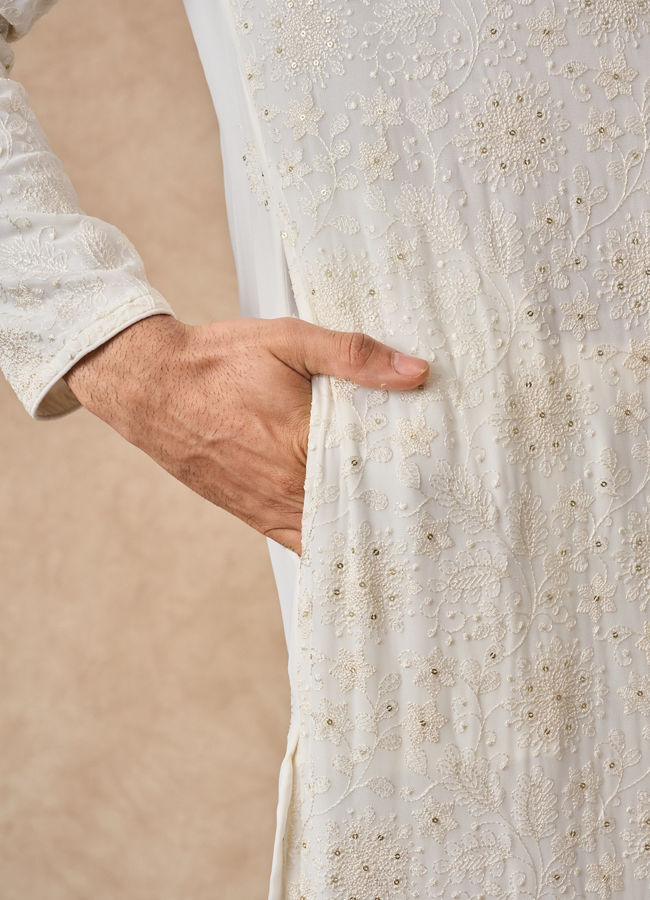 Manyavar Men Cream Georgette Kurta Pajama with Thread Embroidery