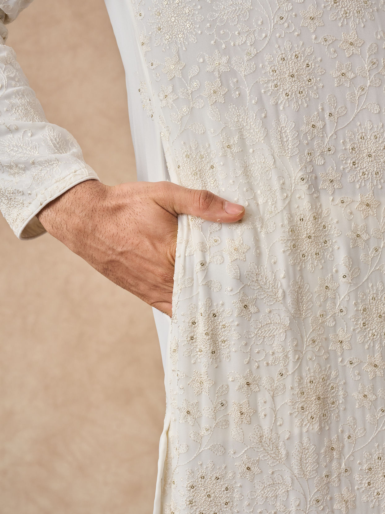 Manyavar Men Cream Georgette Kurta Pajama with Thread Embroidery