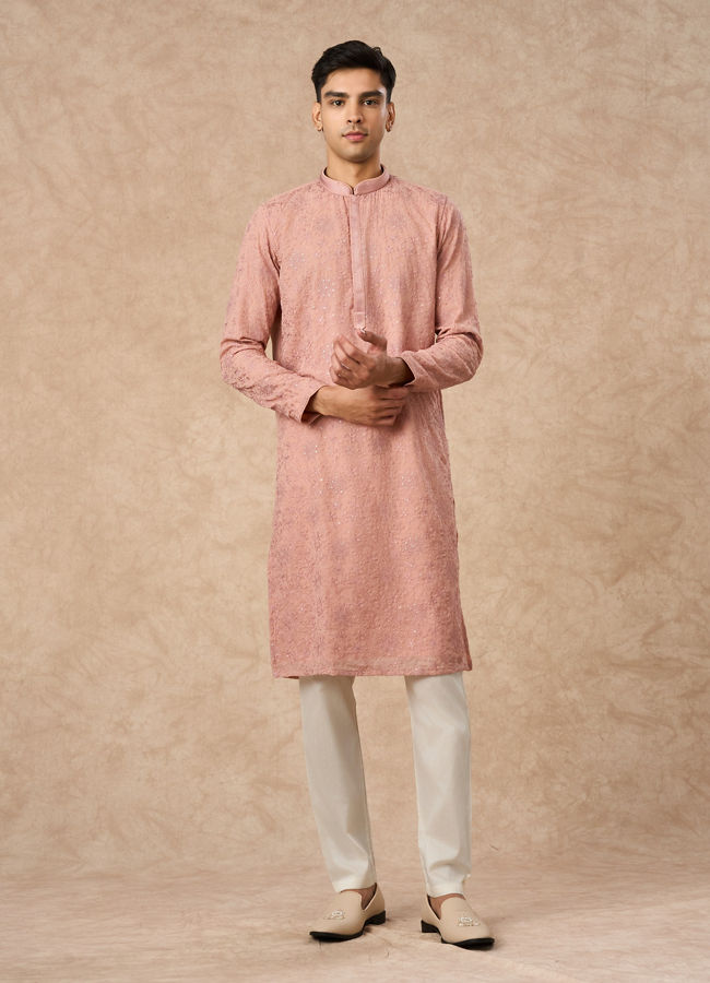 Manyavar Men Pink Georgette Kurta Churidar with Embroidery