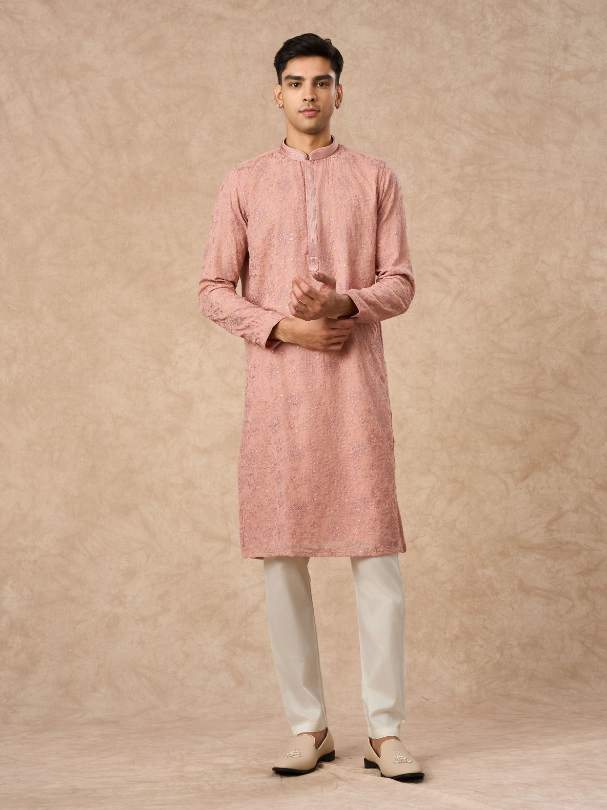 Manyavar Men Pink Georgette Kurta Churidar with Embroidery