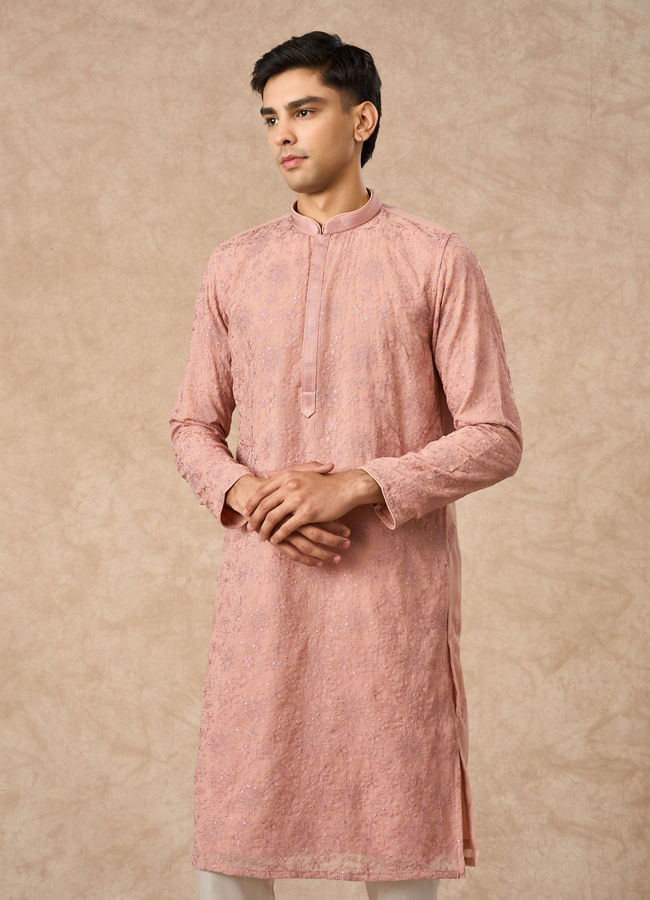 Manyavar Men Pink Georgette Kurta Churidar with Embroidery