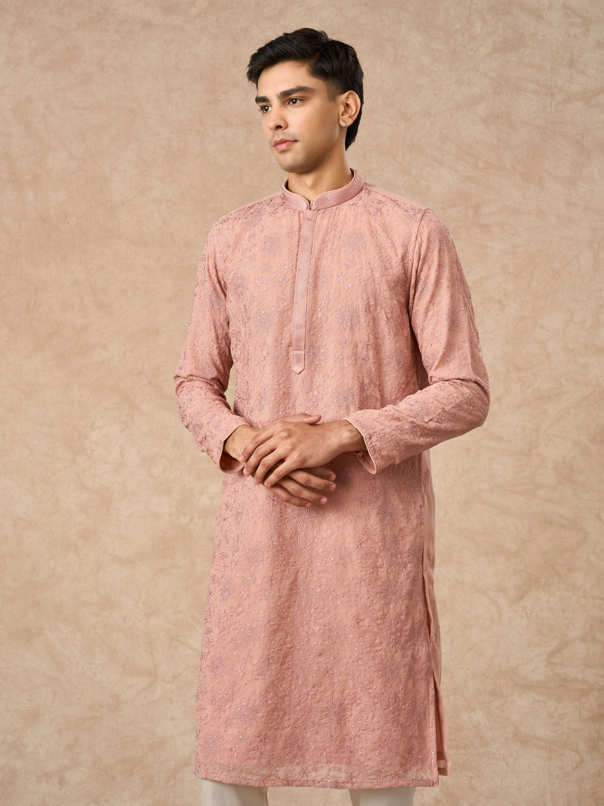 Manyavar Men Pink Georgette Kurta Churidar with Embroidery