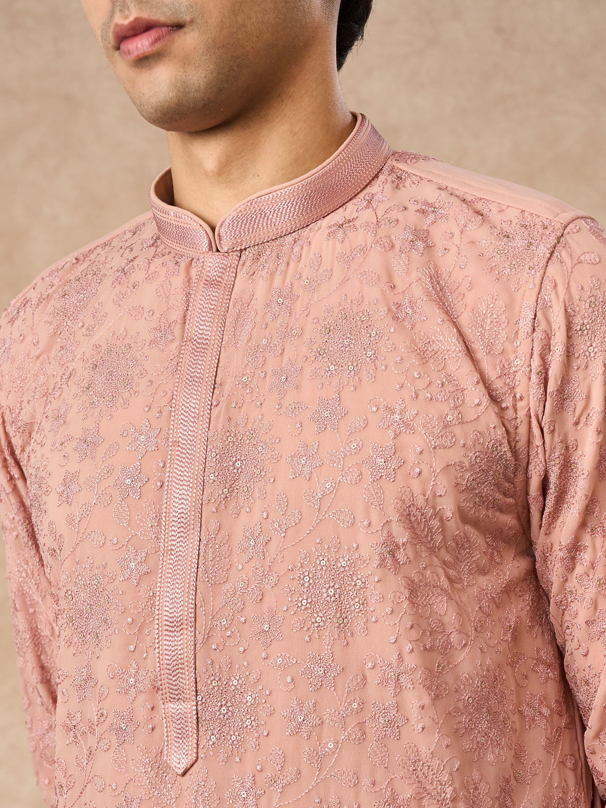 Manyavar Men Pink Georgette Kurta Churidar with Embroidery