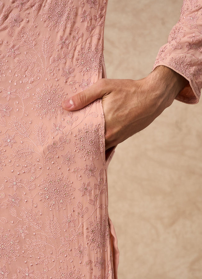 Manyavar Men Pink Georgette Kurta Churidar with Embroidery