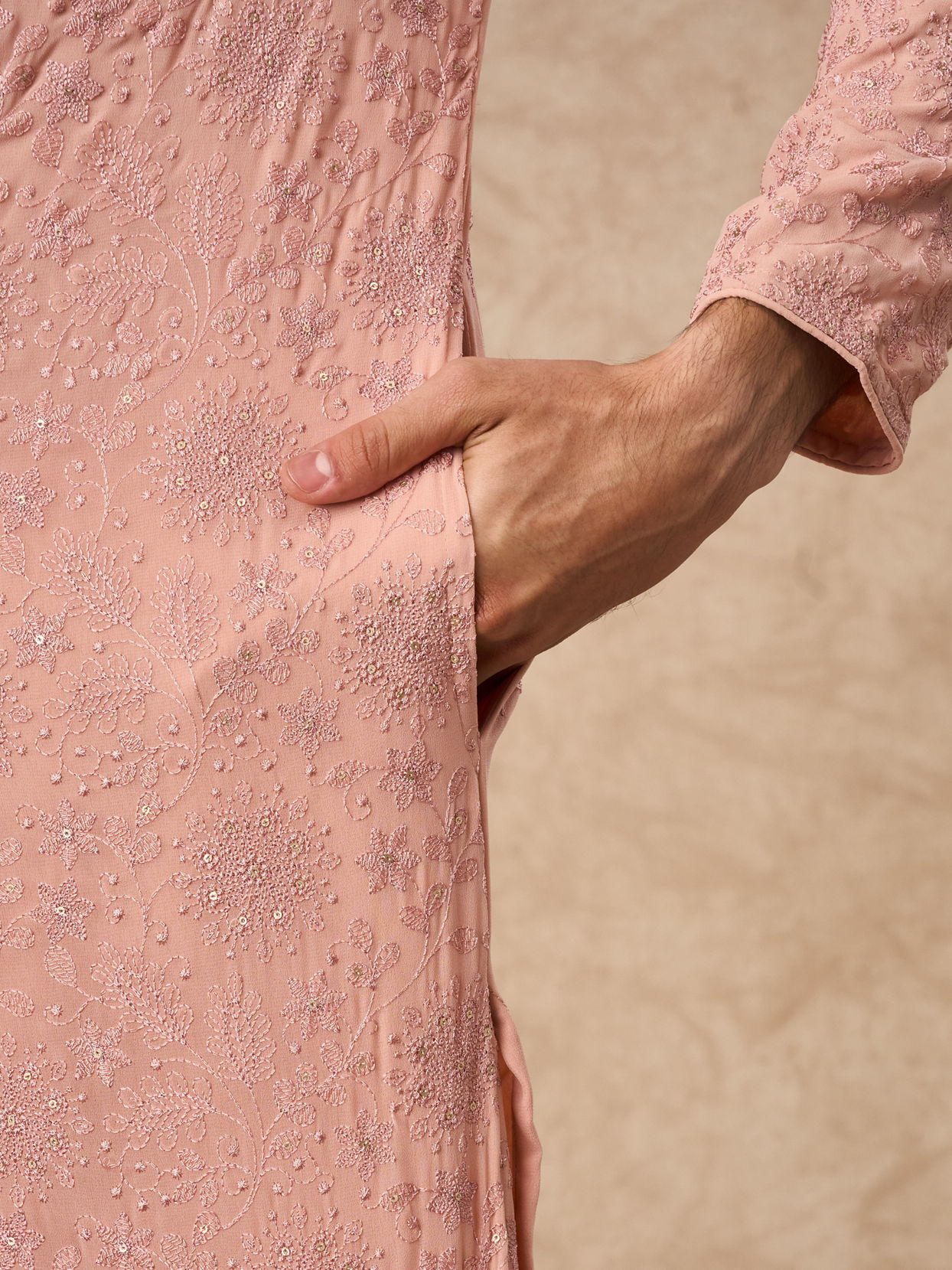 Manyavar Men Pink Georgette Kurta Churidar with Embroidery