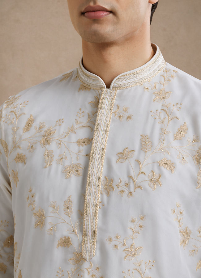 Manyavar Men Cream Georgette Kurta Churidar with Embroidery