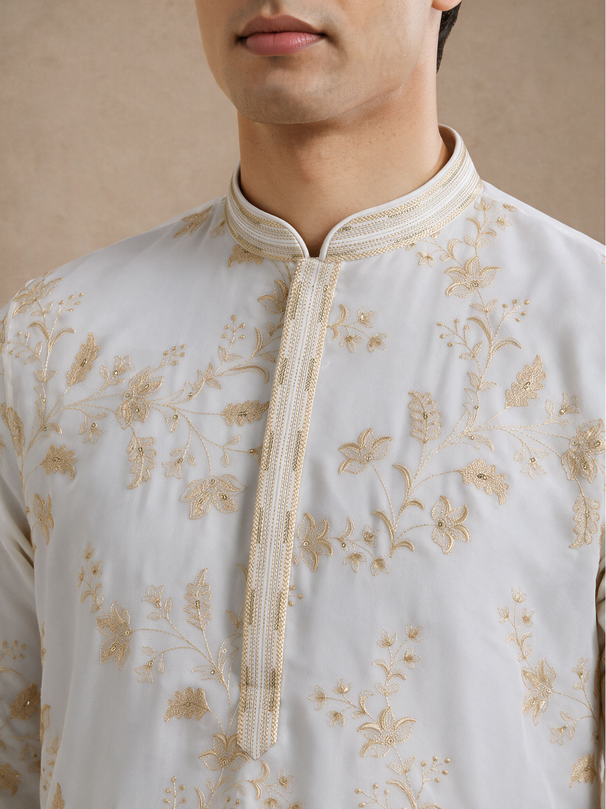 Manyavar Men Cream Georgette Kurta Churidar with Embroidery