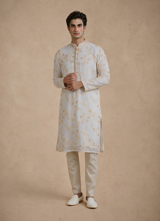Manyavar Men Cream Georgette Kurta Churidar with Embroidery