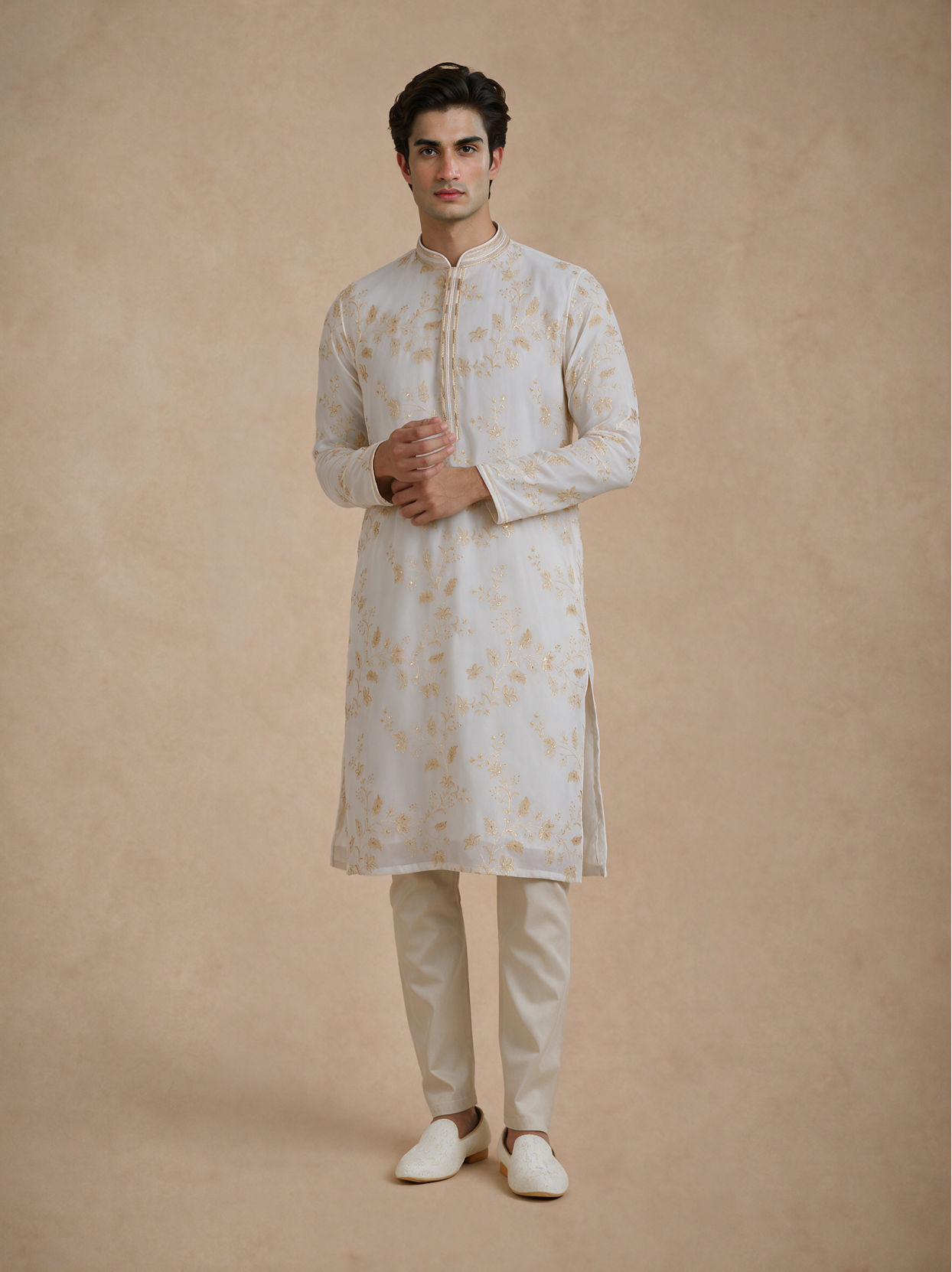 Manyavar Men Cream Georgette Kurta Churidar with Embroidery