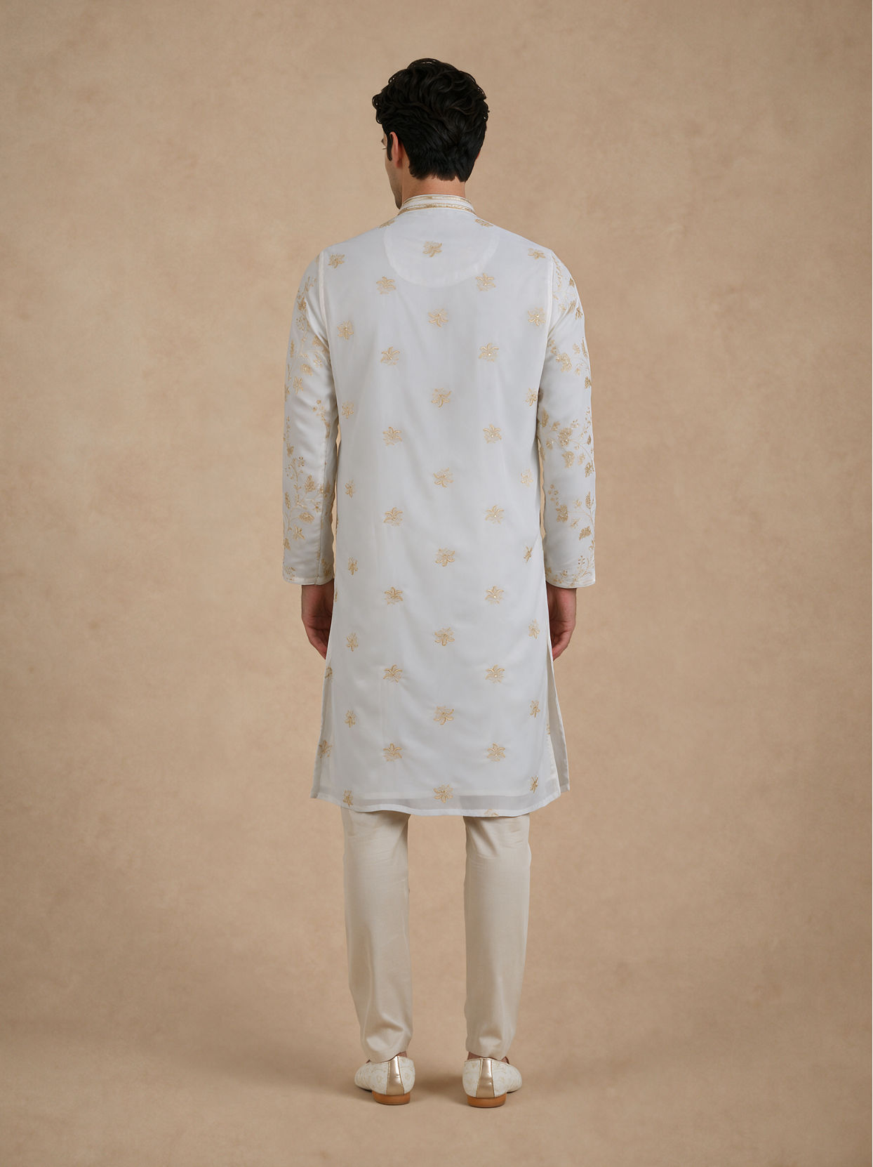 Manyavar Men Cream Georgette Kurta Churidar with Embroidery