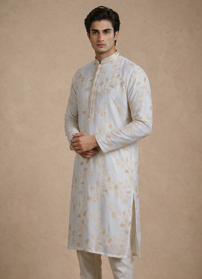 Manyavar Men Cream Georgette Kurta Churidar with Embroidery
